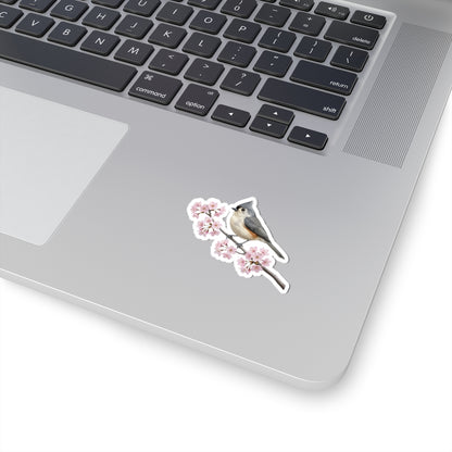 Tufted Titmouse Cherry Blossom Sticker | Glossy Floral Bird Decal | Spring Laptop Sticker