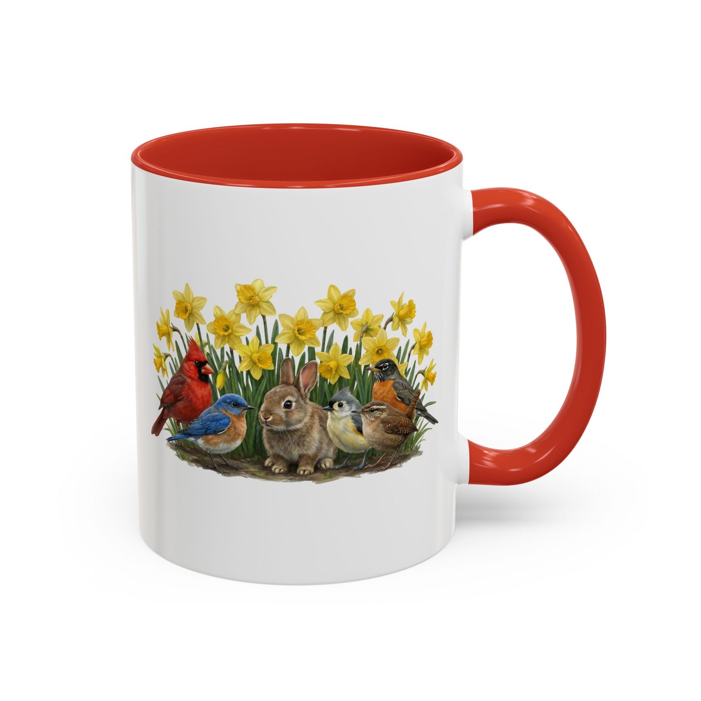 Spring Garden Coffee Mug – Cardinal, Bluebird & Bunny in Daffodils | Two-Tone Ceramic Cup (11oz & 15oz)