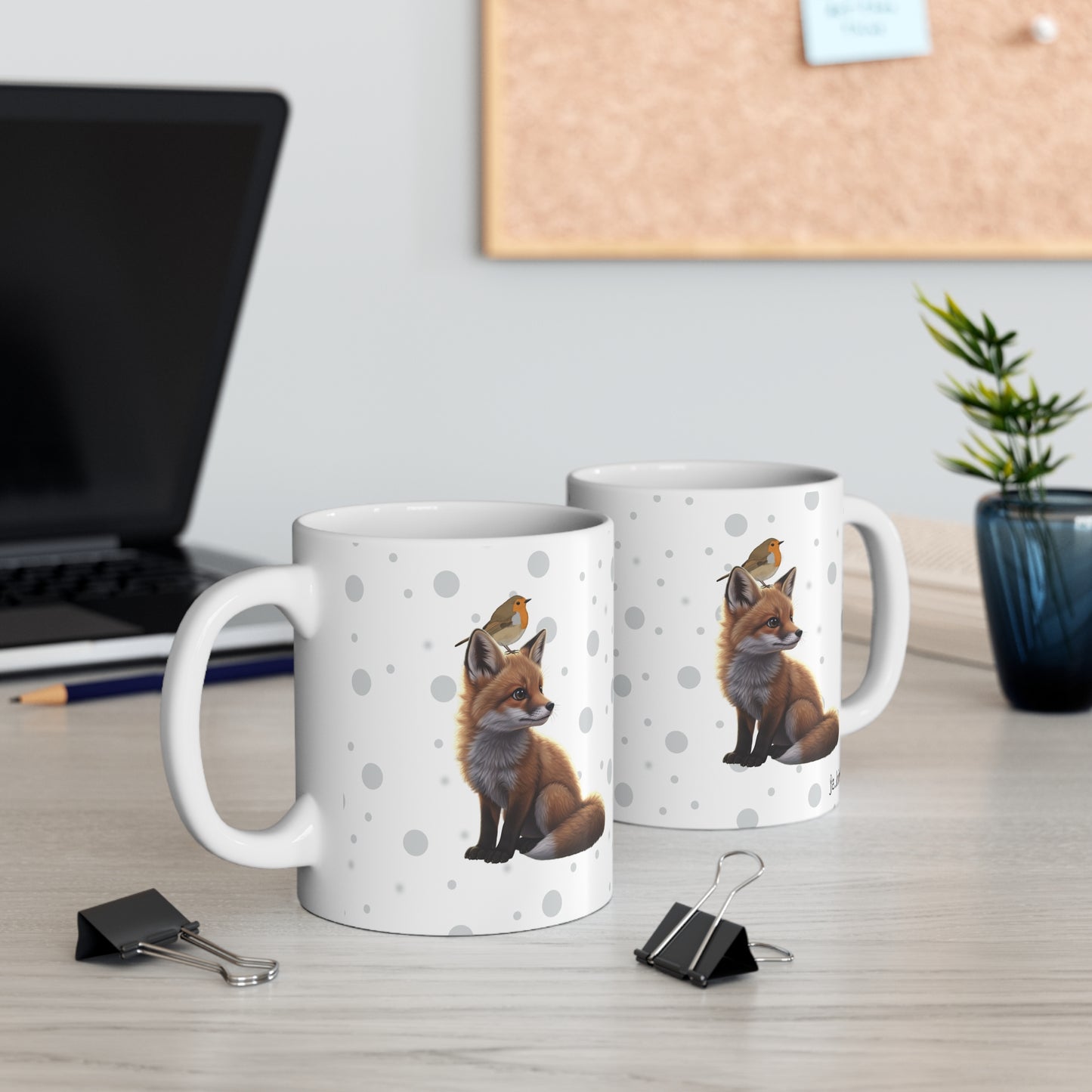 Fox Mug with European Robin Bird for Animal Lovers & Bird Watchers 11oz