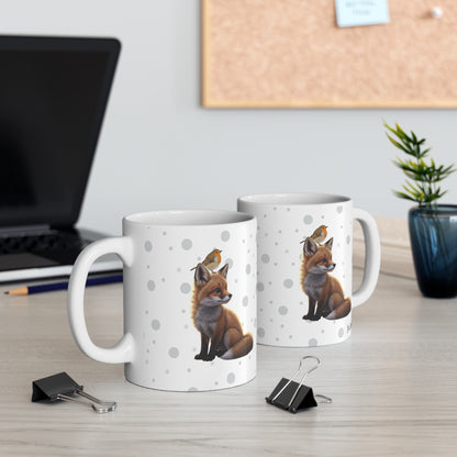 Fox Mug with European Robin Bird for Animal Lovers & Bird Watchers 11oz