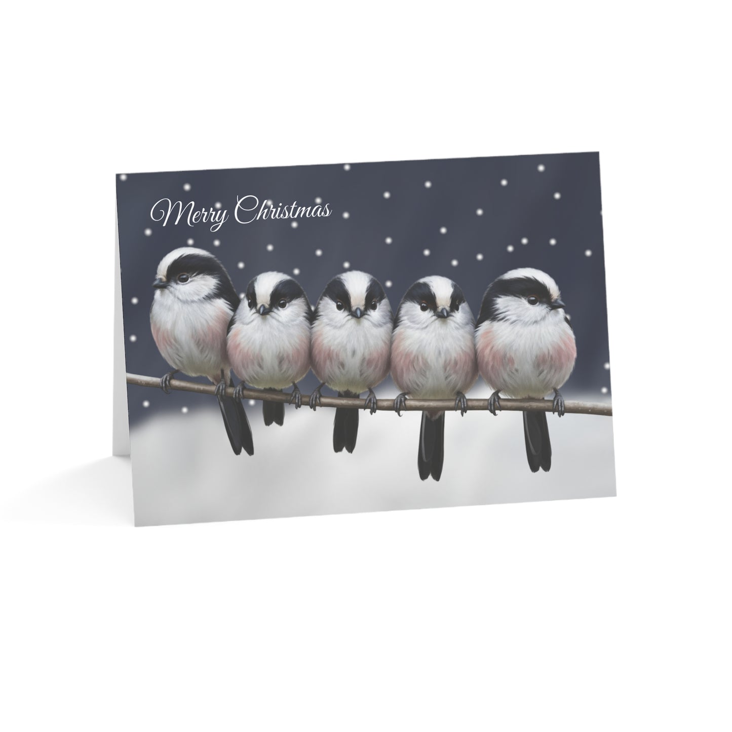 Long Tailed Titmice Bird Art Premium Christmas Card 7x5" | Double-Sided Matte Holiday Greeting