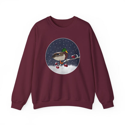 Mallard on a Winter Branch Birdwatcher Christmas Bird Sweatshirt