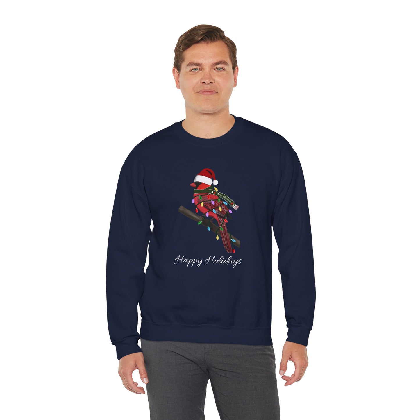 Cardinal with Fairy Lights as Santa Happy Holidays Birdwatcher Christmas Bird Sweatshirt