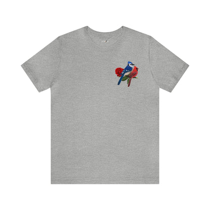 Blue Jay Cardinal on a Rose Valentine's Day Bird Unisex Tee - jz.birds