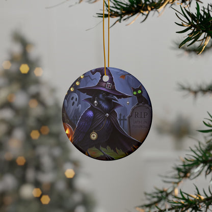 Black Crow Ceramic Bird Halloween Ornament | Double-Sided Spooky Decor