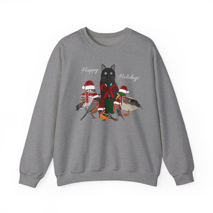 Robin Mallard Oriole Owl with Cat in a Box and Fairy Lights Happy Holidays Christmas Bird Sweatshirt