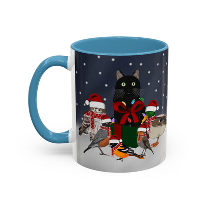 Robin Oriole Mallard Owl and Cat with Christmas Hat and Scarf Snow Bird Coffee Mug