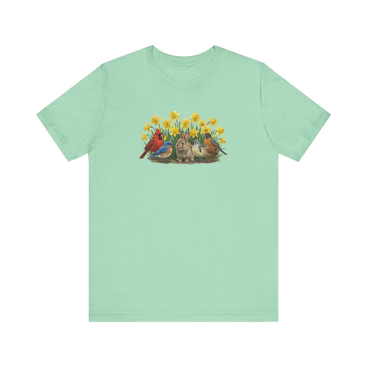 Spring Garden Tee – Bunny, Cardinal & Bluebird | Botanical Easter T-Shirt