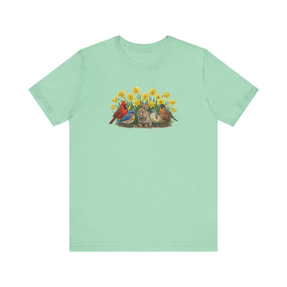 Spring Garden Tee – Bunny, Cardinal & Bluebird | Botanical Easter T-Shirt