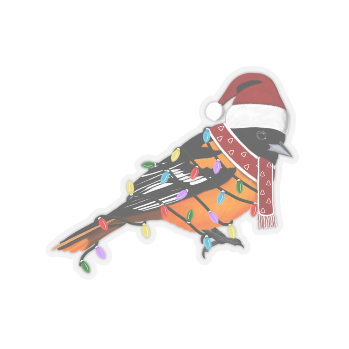 Baltimore Oriole with Fairy Lights Santa Claus Hat and Scarf Christmas Bird Sticker