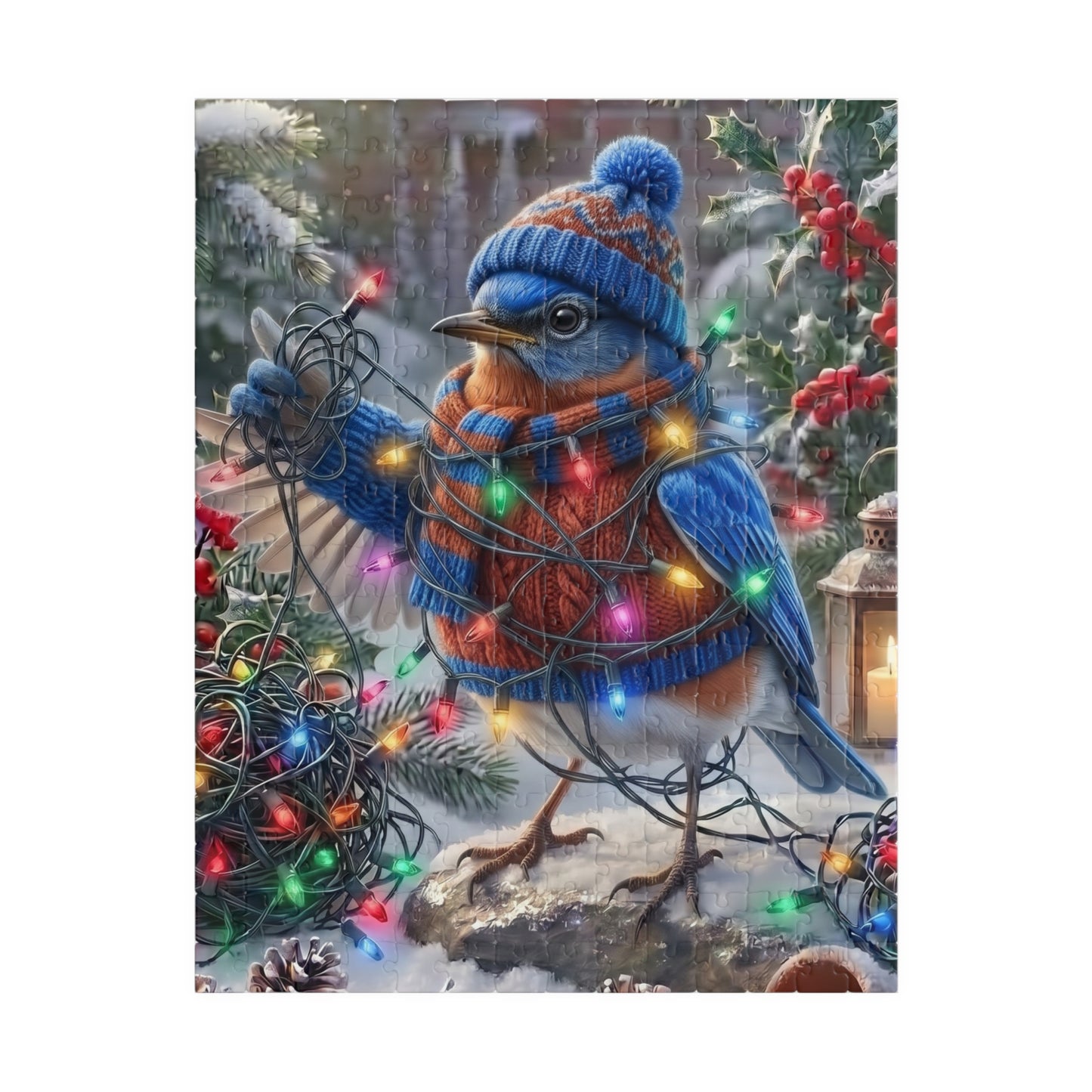 A square puzzle showing a bluebird in winter clothing surrounded by snow, evergreen branches, red berries, and multicolored Christmas lights. The bird wears a blue knit hat with a pom-pom and a matching blue-and-orange scarf.