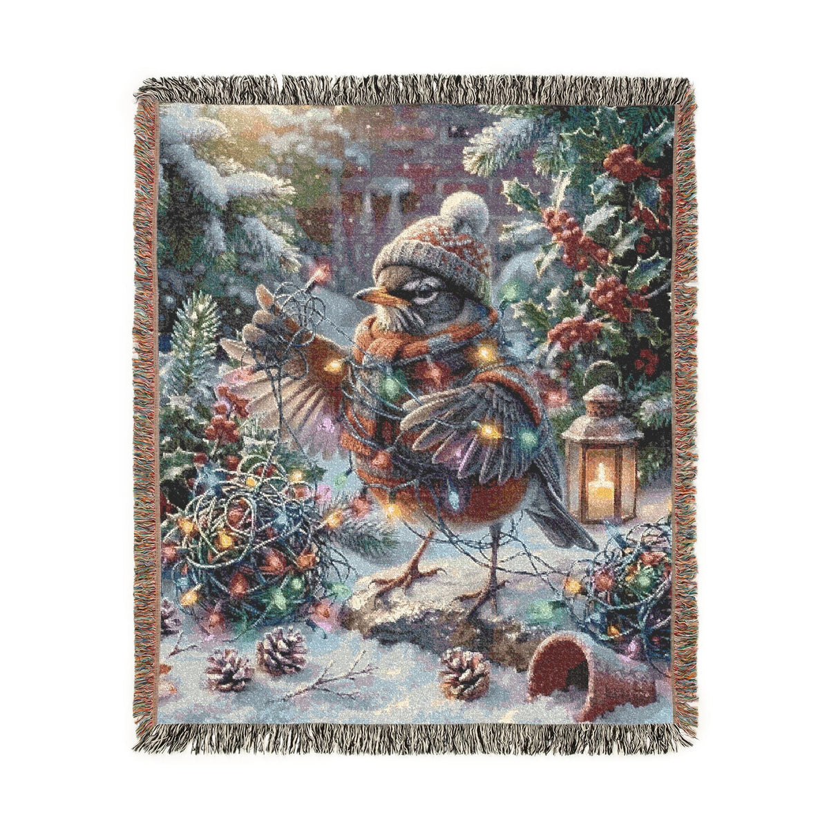 A square woven throw blanket with fringed edges, featuring a detailed winter forest scene with a robin under warm fairy lights, pinecones, evergreen branches, and a lantern, shown on a plain white background.