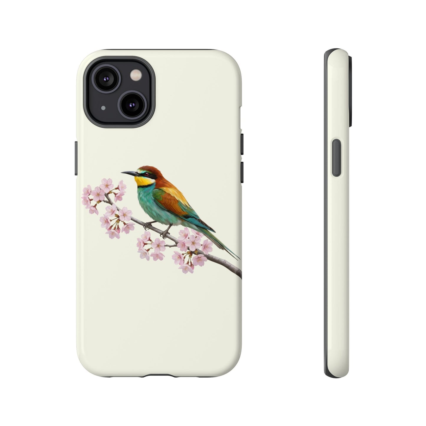 Bienenfresser Handyhülle in Cremeweiß | Florales Kirschblüten Vogel-Motiv für iPhone & Google Pixel