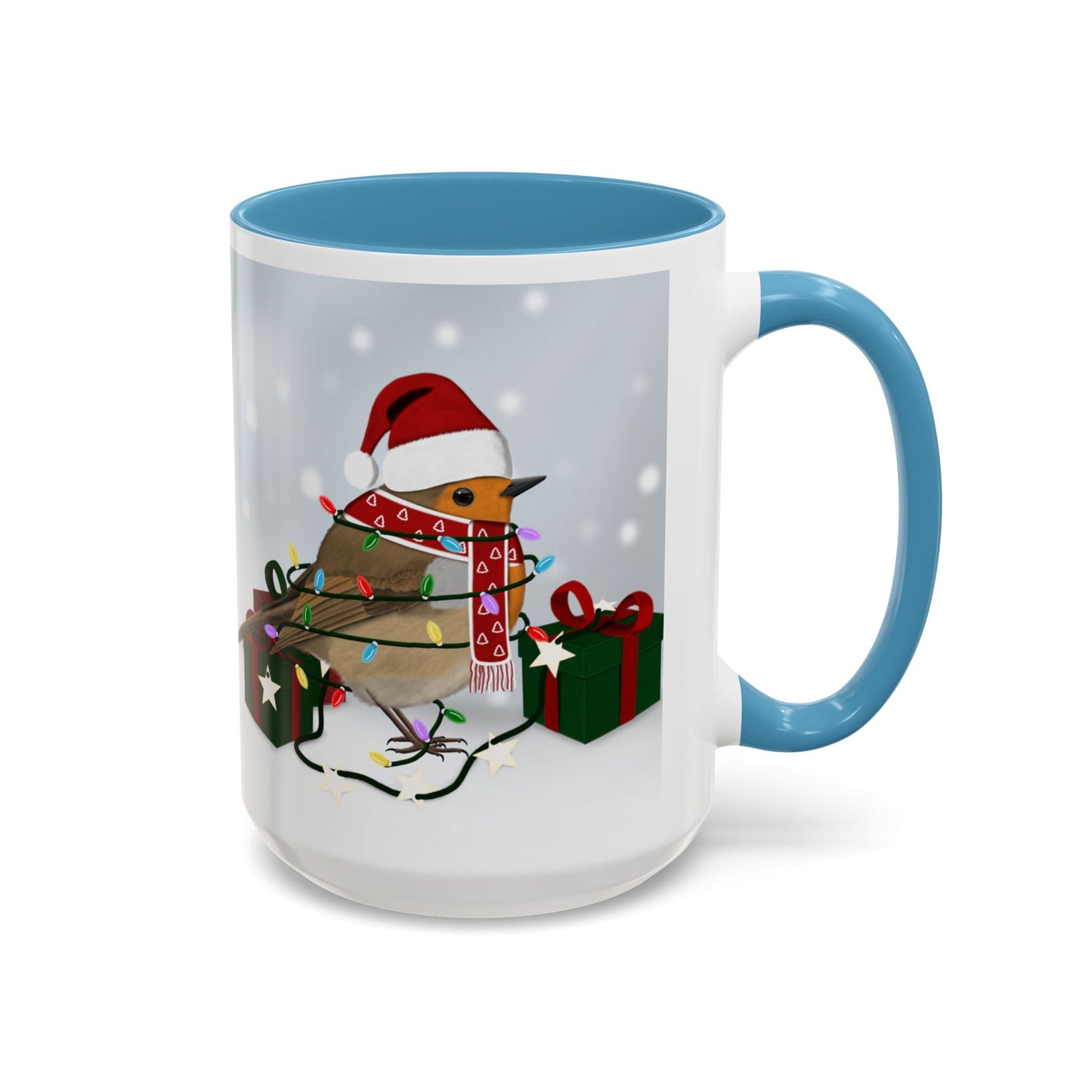 European Robin with Christmas Hat and Scarf Snow Bird Coffee Mug