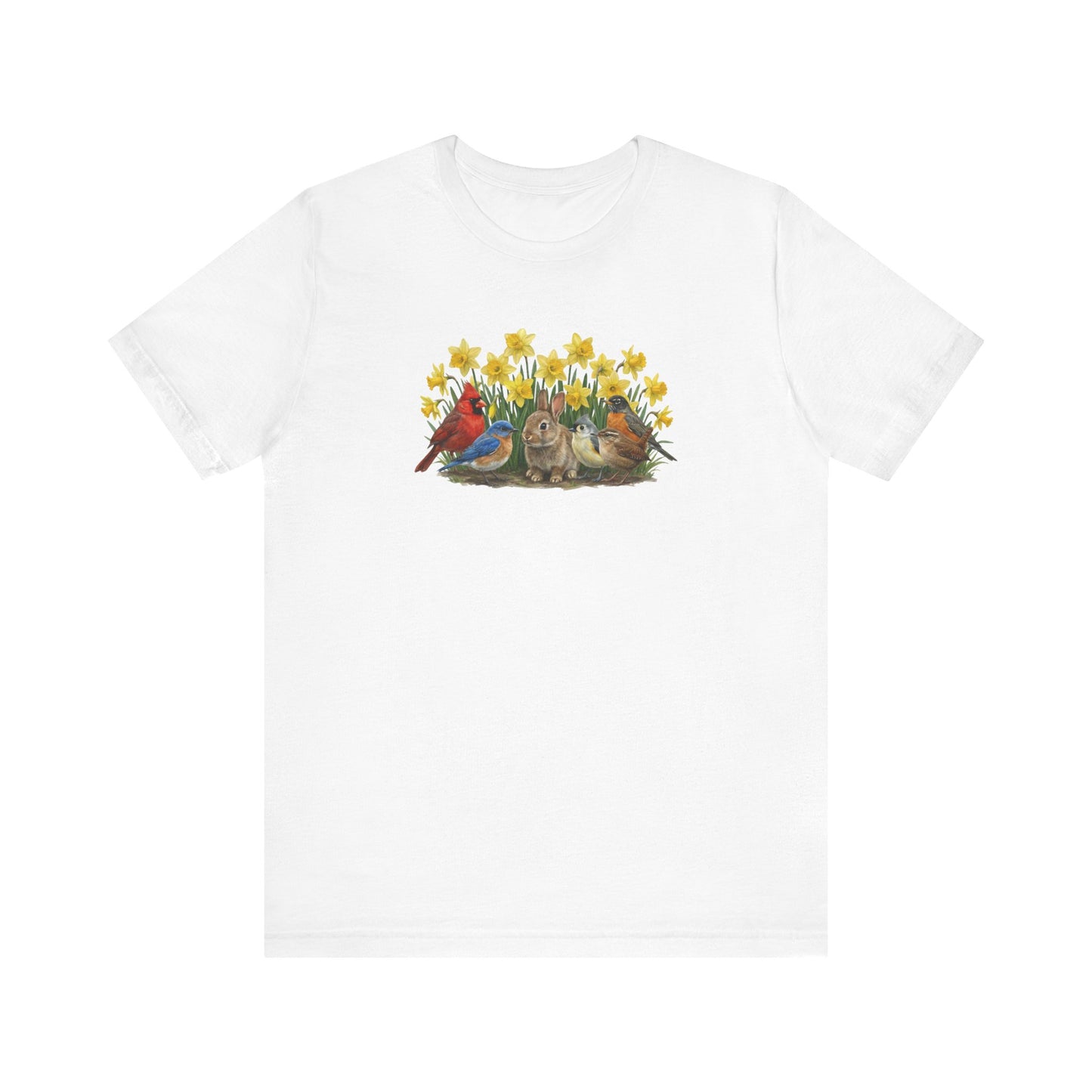 Spring Garden Tee – Bunny, Cardinal & Bluebird | Botanical Easter T-Shirt