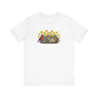 Spring Garden Tee – Bunny, Cardinal & Bluebird | Botanical Easter T-Shirt