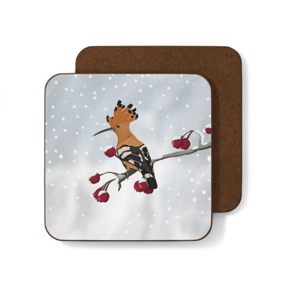 Hoopoe on a Winter Branch Christmas Bird Hardboard Coaster