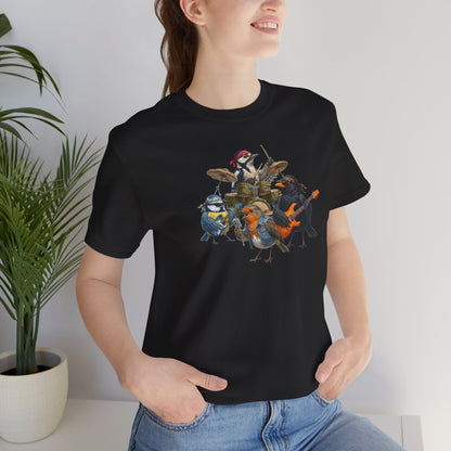 The Backyard Birds Rockband T-Shirt – Lustiges Vogel Shirt mit Rückendruck – Amsel, Rotkehlchen, Meise, Specht – Geschenk für Musiker & Vogelfreunde