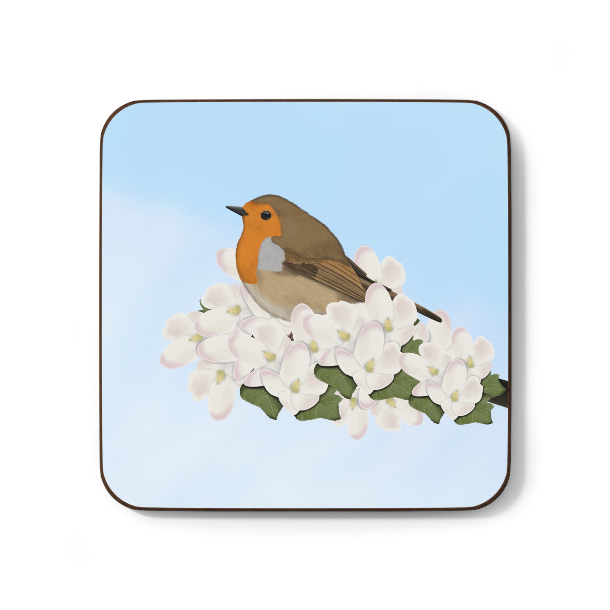 European Robin Apple Blossoms Hardboard Coaster