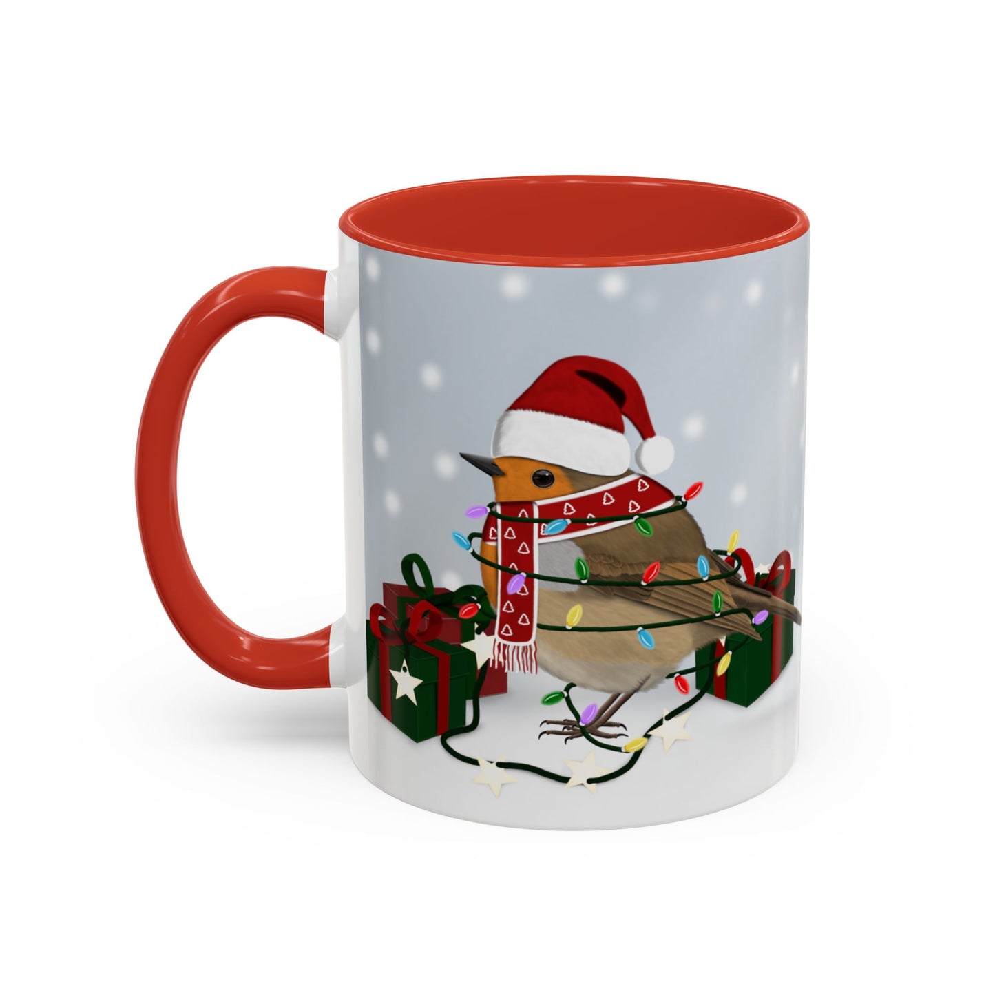 European Robin with Christmas Hat and Scarf Snow Bird Coffee Mug