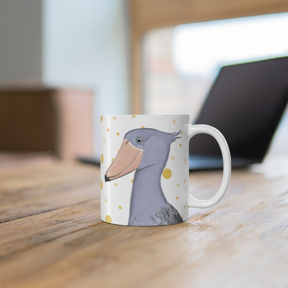 Shoebill Bird Ceramic Mug White Golden Dots 11oz