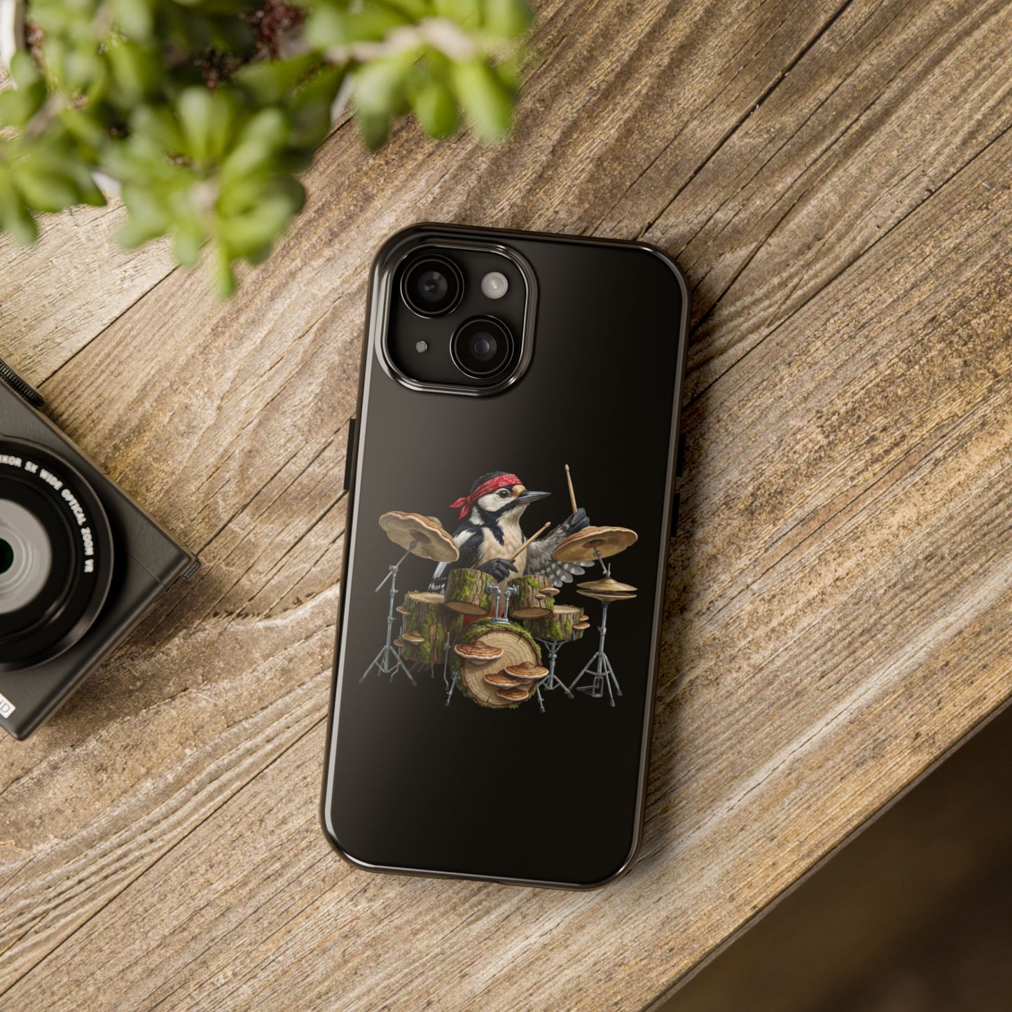 Woodpecker with Drums iPhone Case – Premium Tough Phone Cover Black