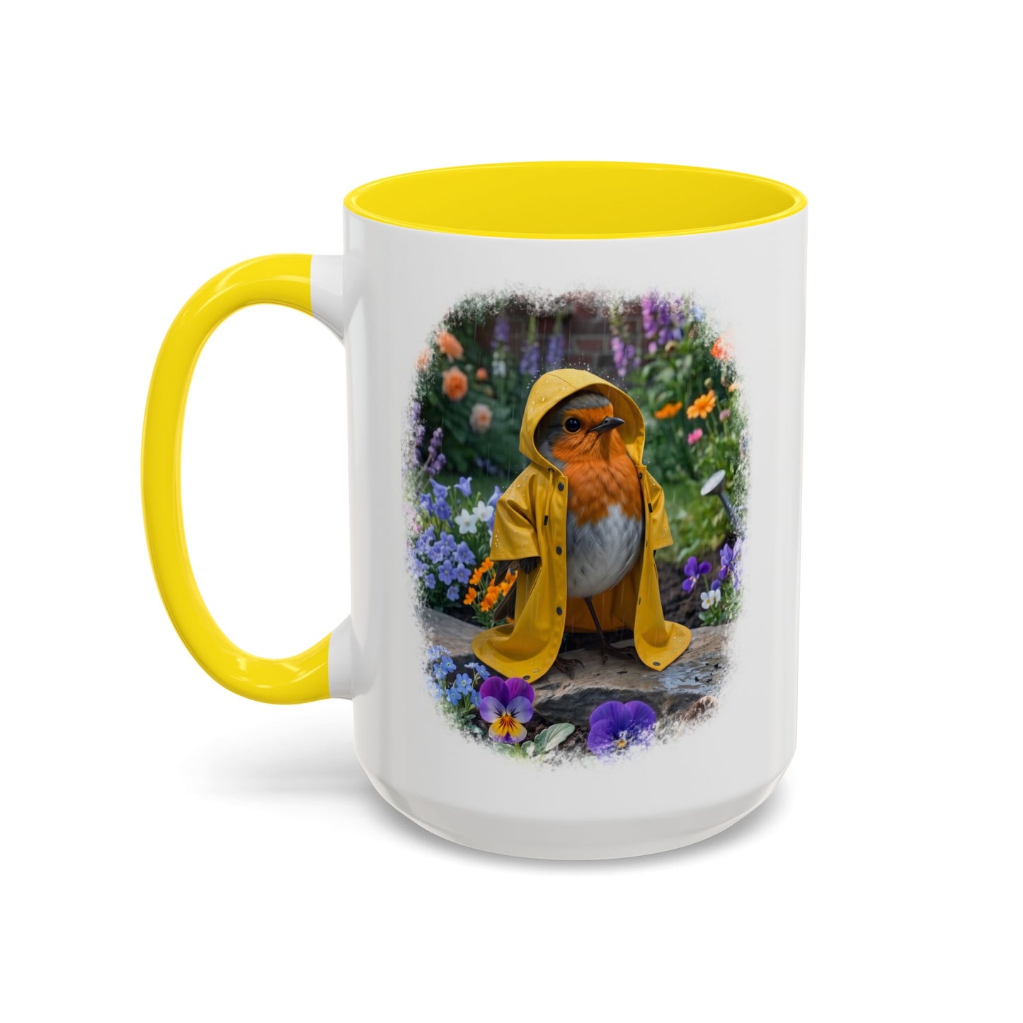 Robin Rosi Yellow Raincoat Garden Premium Mug for Bird Lovers