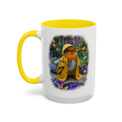 Robin Rosi Yellow Raincoat Garden Premium Mug for Bird Lovers