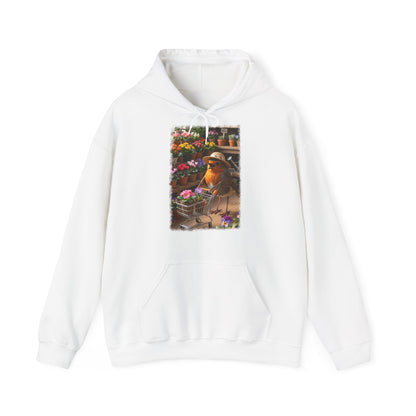 Lustiger Rotkehlchen Hoodie mit Blumen-Einkaufswagen | Süßer Vogel Kapuzenpullover für Pflanzenfans