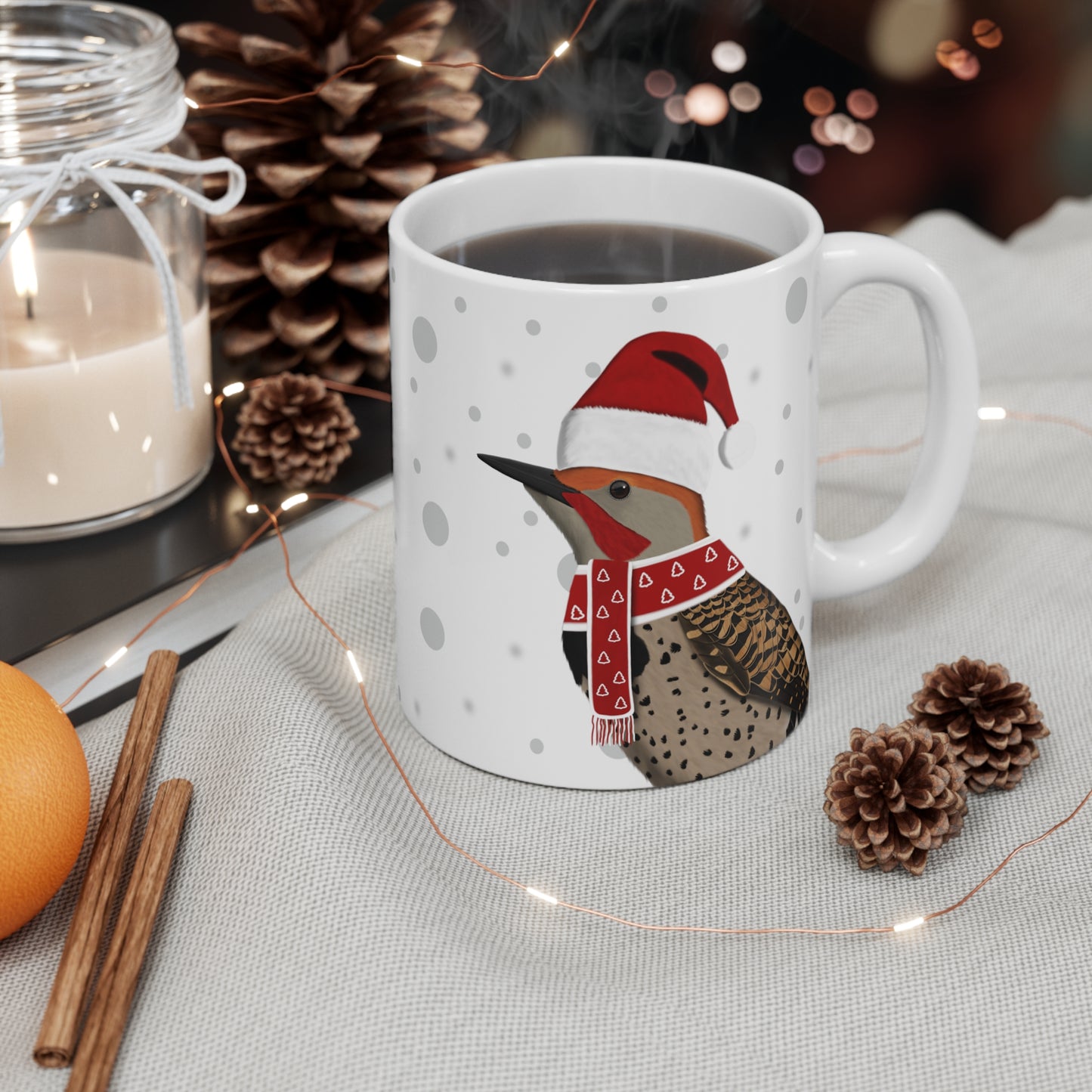 Northern Flicker with Red Santa Hat and Scarf Christmas Bird Ceramic Mug 11oz