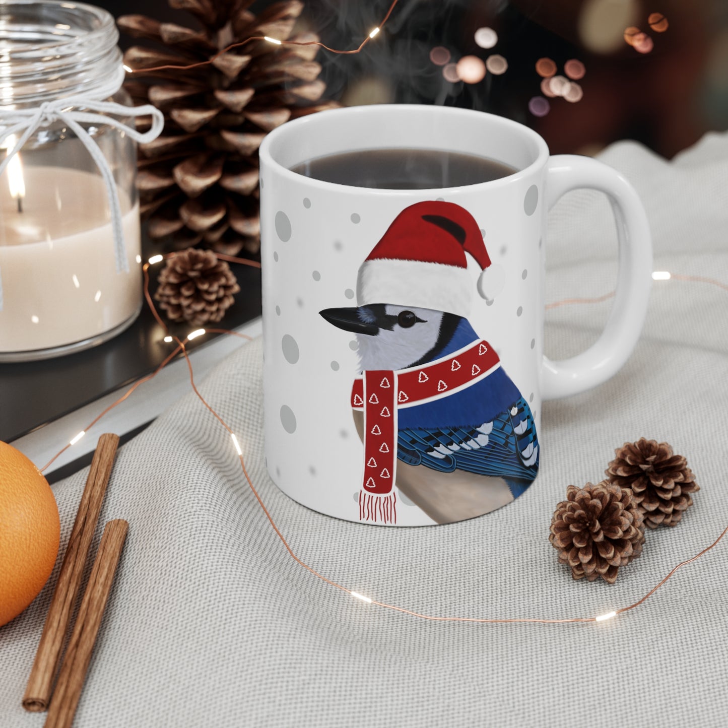 Blue Jay with Red Santa Hat and Scarf Christmas Bird Ceramic Mug 11oz