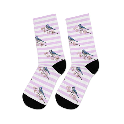 Pink Cherry Blossom Blue Jay Socks – Cute Birdwatching & Bird Lover Gift – Accessories,