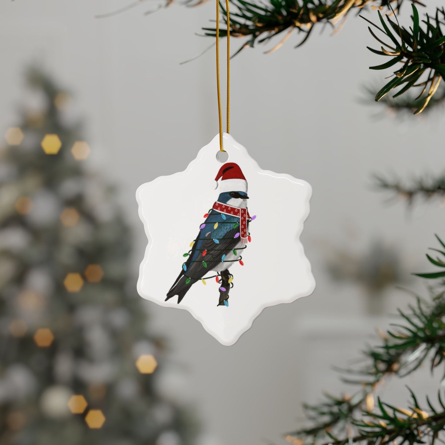 Tree Swallow as Santa Ceramic Bird Christmas Ornament | Durable Double-Sided Bird Lover Decor