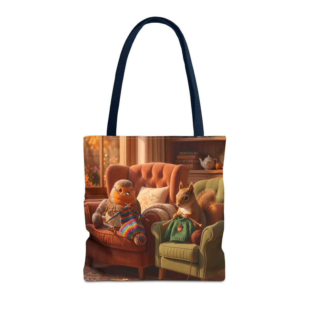 Tragetasche Gemütlicher Stricknachmittag – Rosi Rotkehlchen & Eichhörnchen All-Over-Print Stoffbeutel