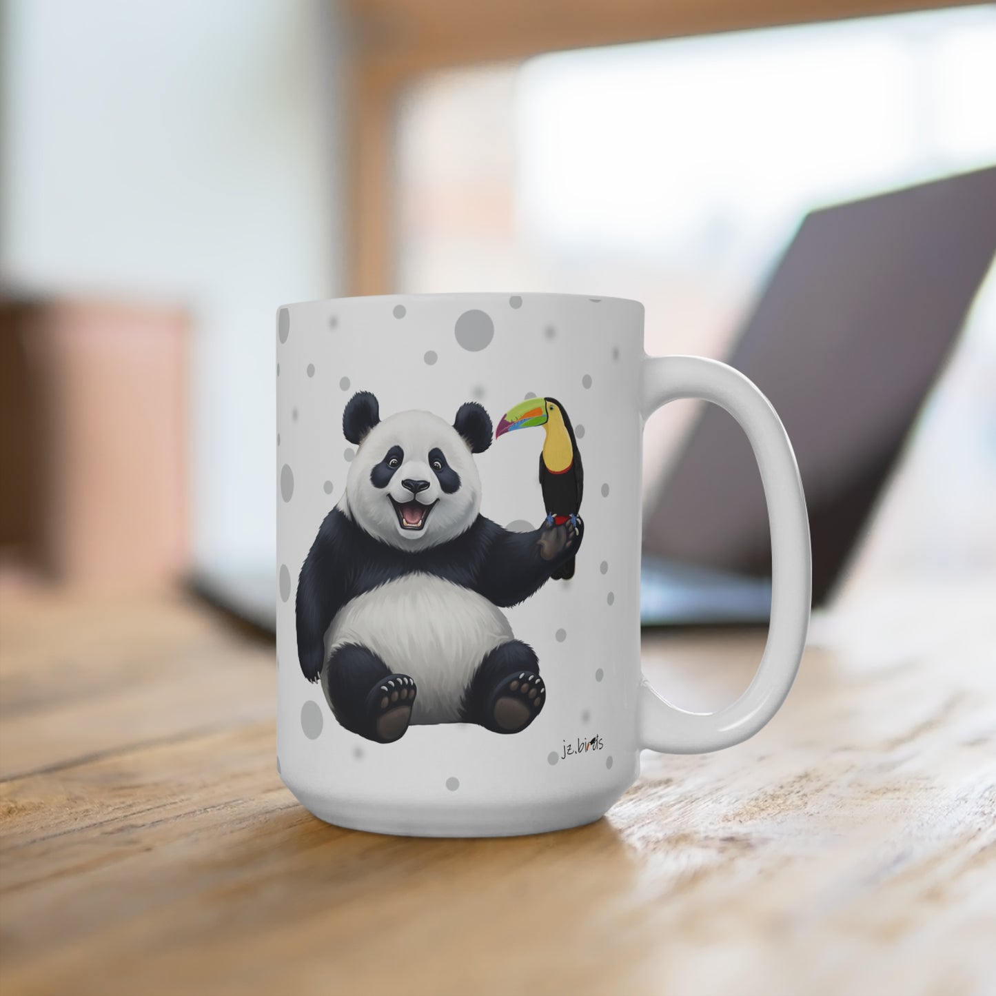 Tukan mit einem fröhlichen Panda Vogel Tiermotiv Tasse Punkte Grau