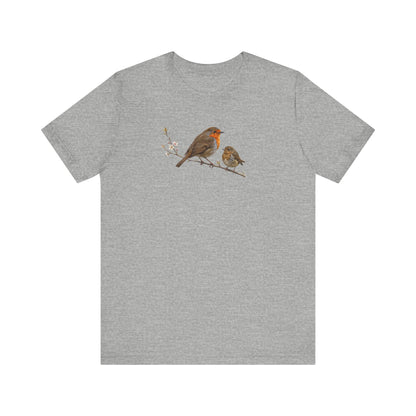 Rotkehlchen & Jungvogel T-Shirt | Frühlingsblüten Vogelmotiv für Vogelbeobachter