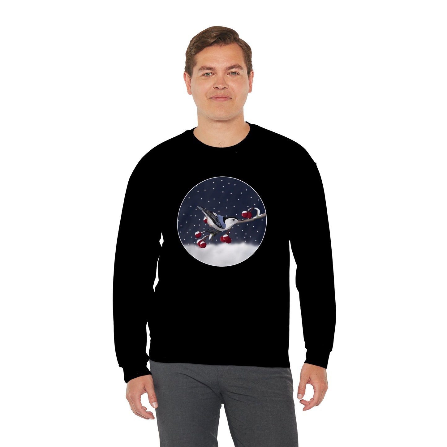 Nuthatch on a Winter Branch Christmas Bird Sweatshirt