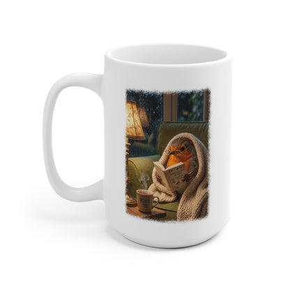 Gemütliche Rotkehlchen Kaffeetasse mit Lese-Motiv | Süße Keramiktasse für Buchliebhaber & Cozy Vibes