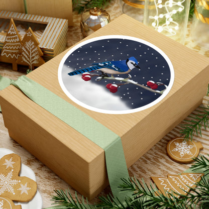 Blue Jay on a Winter Branch Christmas Bird Sticker