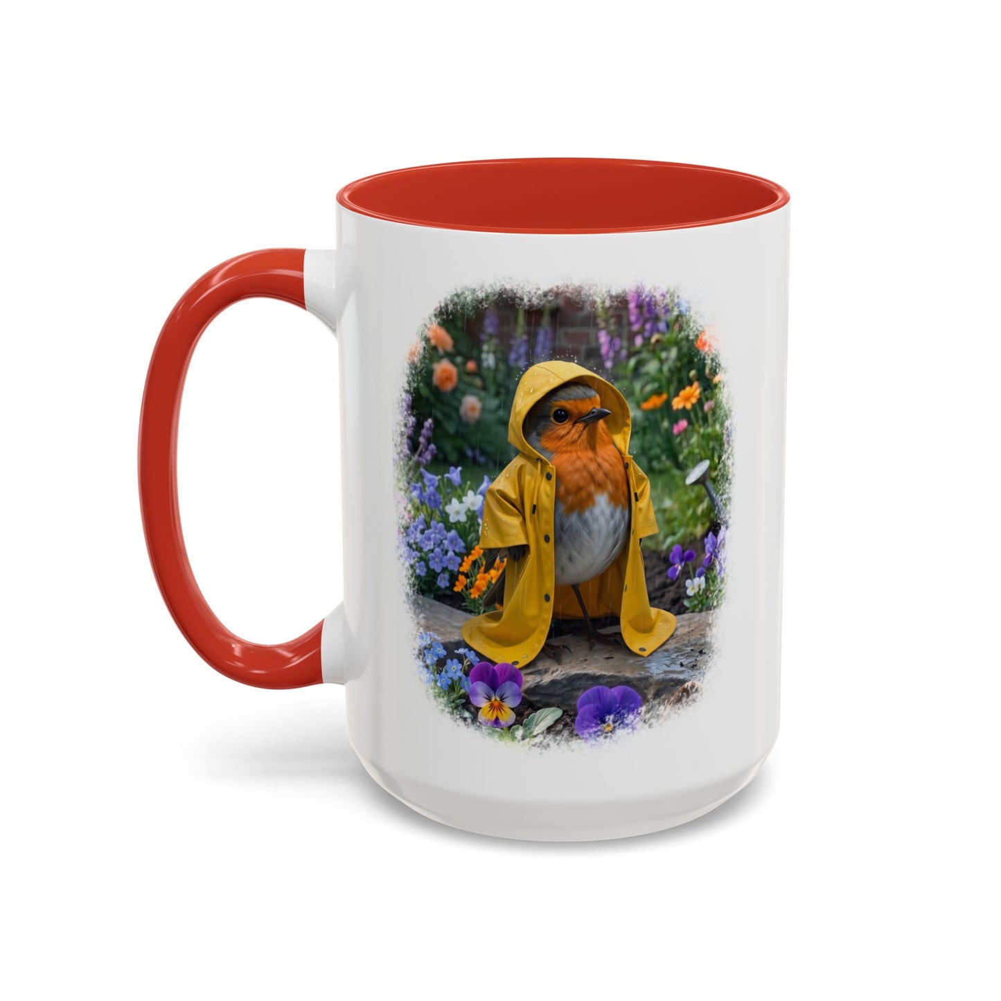 Robin Rosi Yellow Raincoat Garden Premium Mug for Bird Lovers