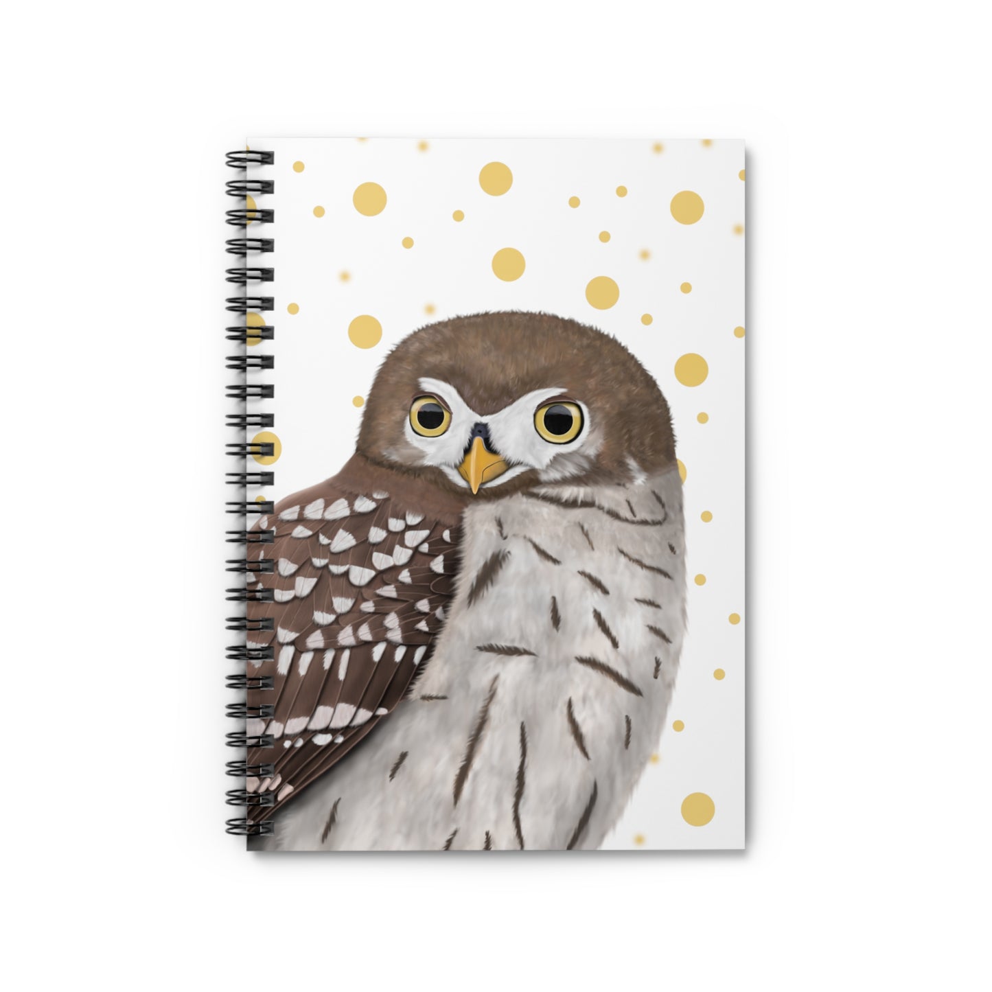 Owl Bird Birdlover Spiral Notebook White Golden Dots Ruled Line 6"x8"