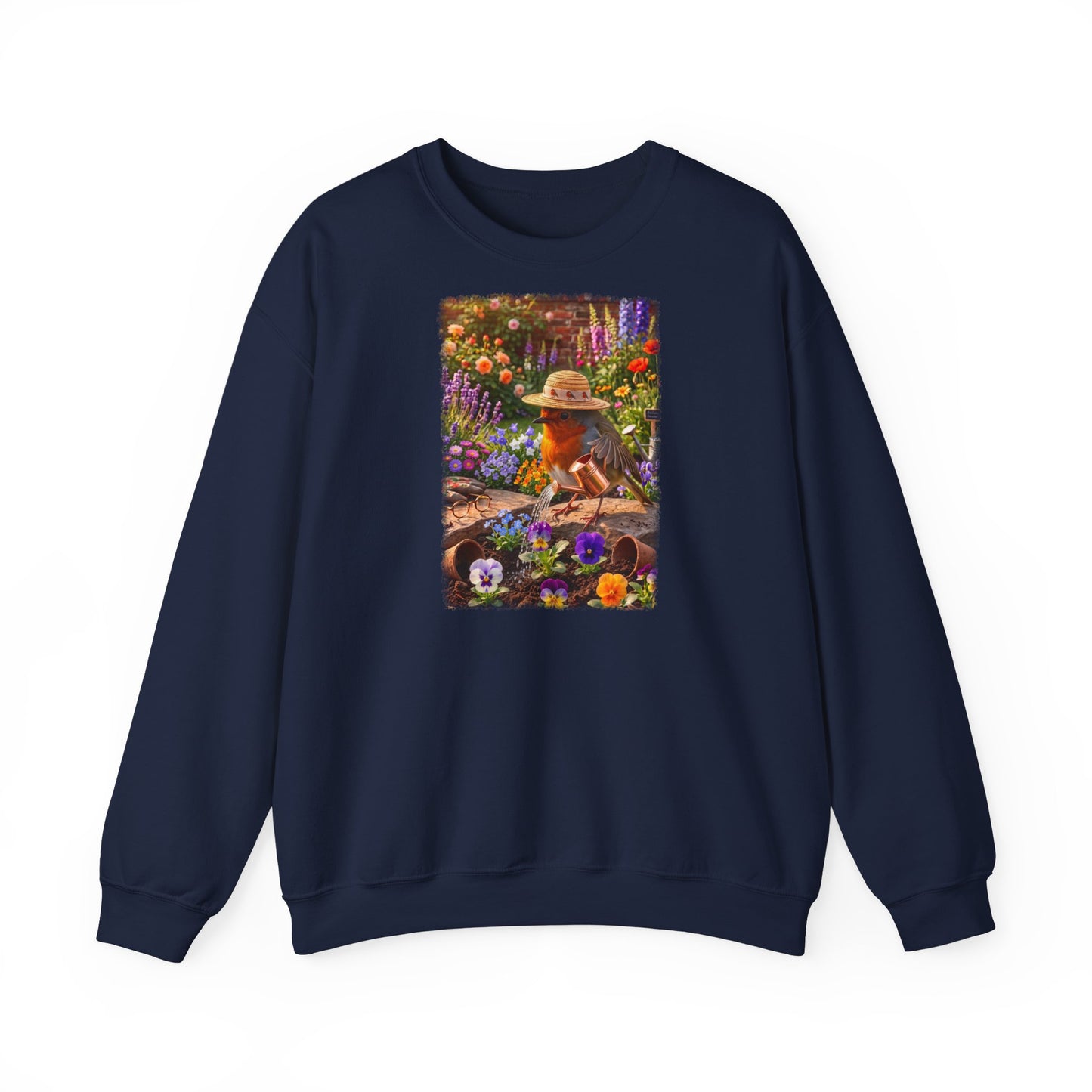 Niedliches Rotkehlchen Sweatshirt beim Blumen gießen | Gemütlicher Garten-Pullover