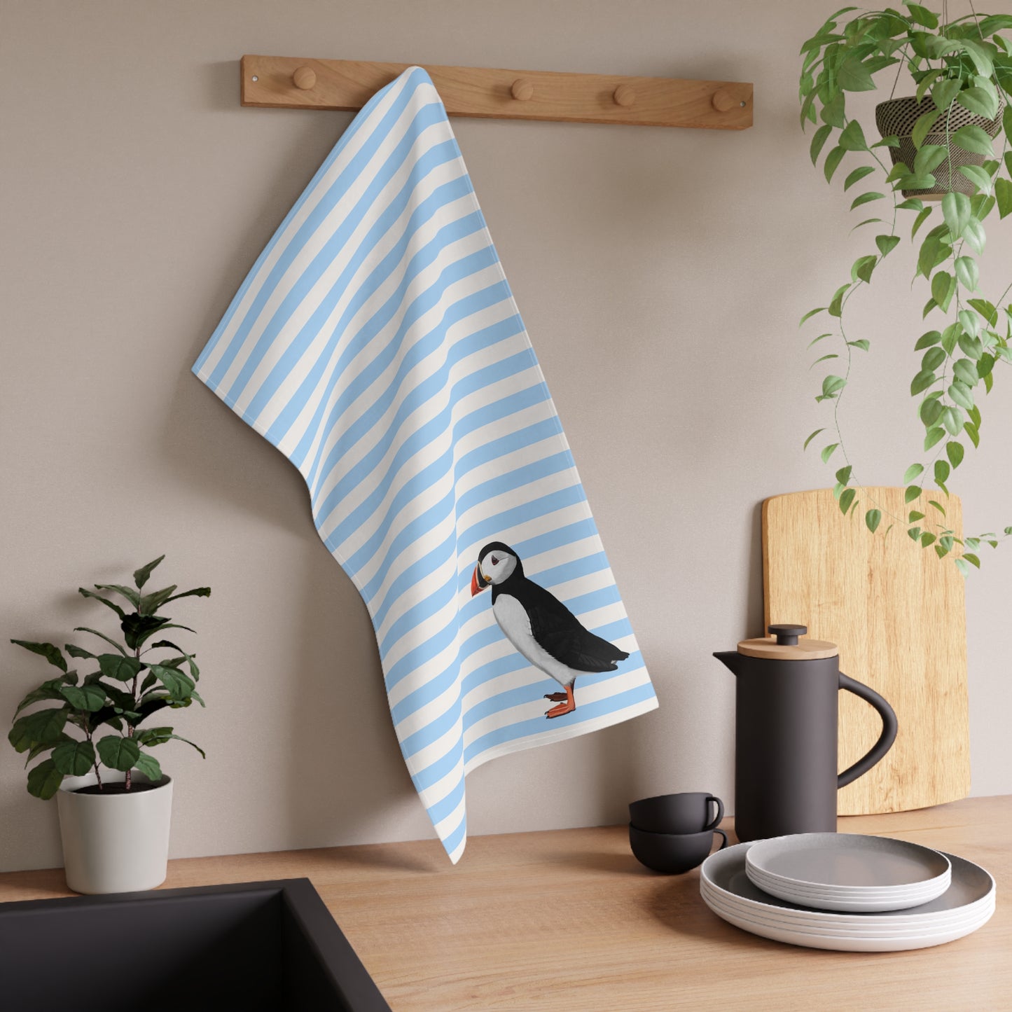 Puffin Bird Art Kitchen Towel Blue White 18" × 30"