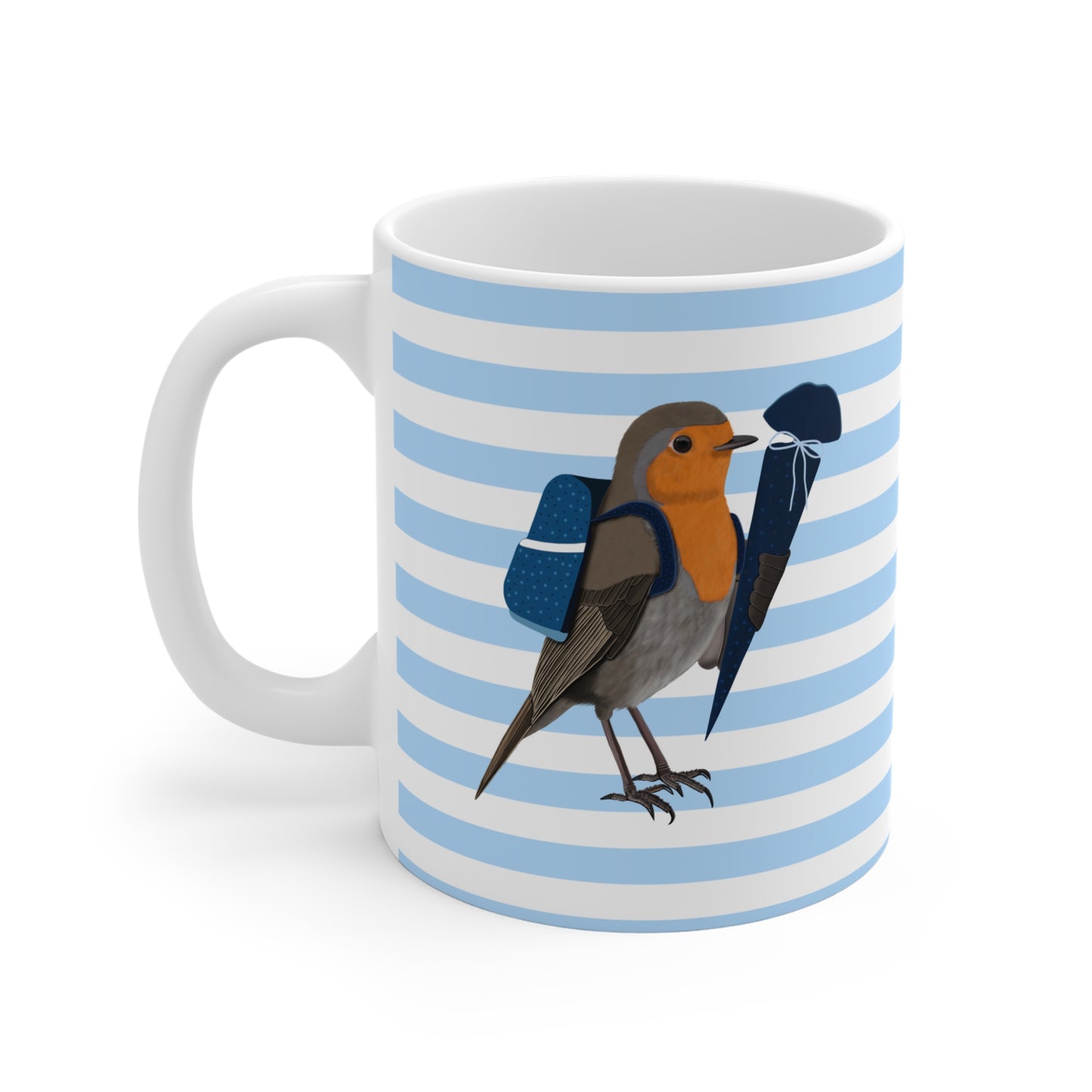 Rotkehlchen Vogel Tasse als Geschenk zur Einschulung Blau Weiß
