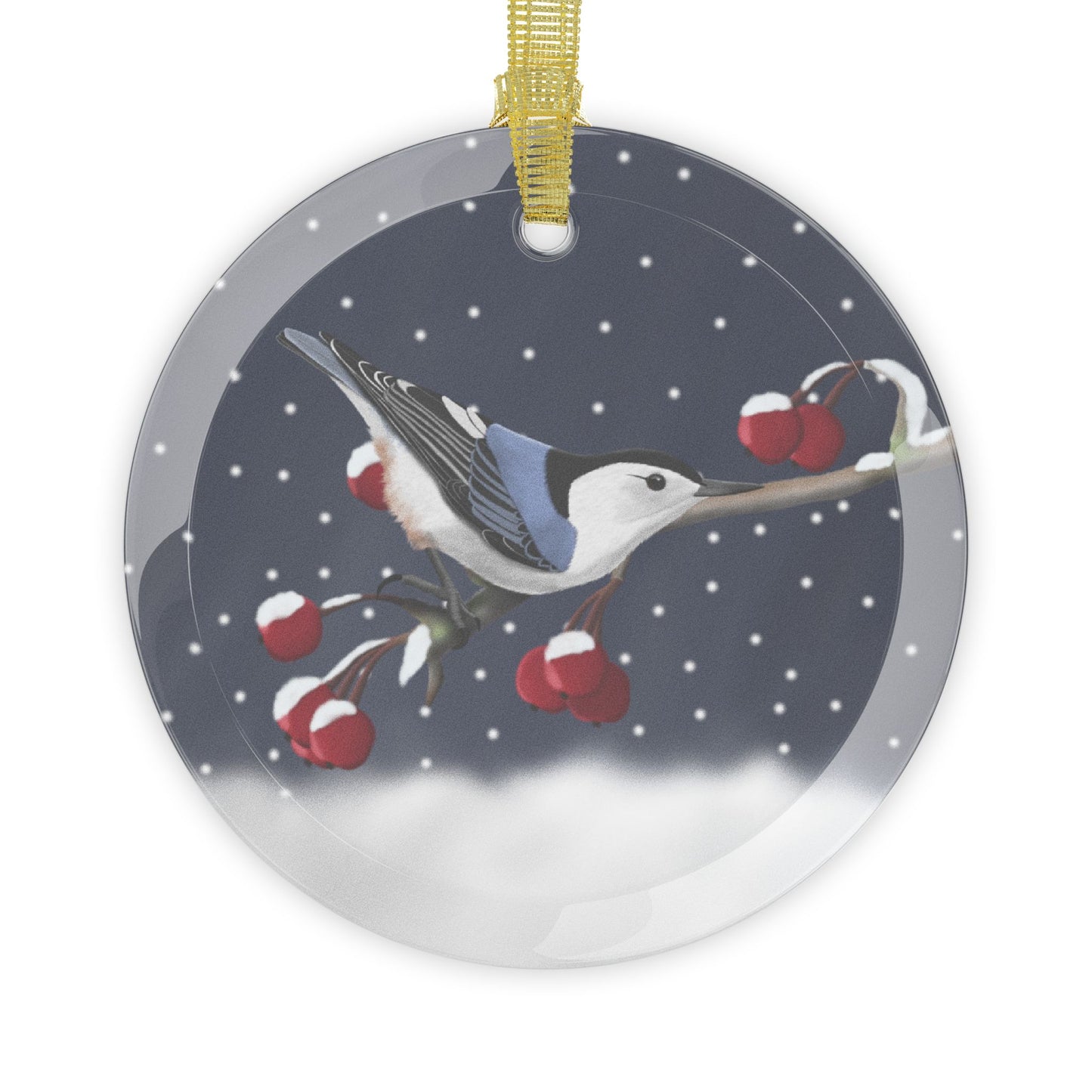 Nuthatch on a Winter Branch Christmas Bird Glass Ornament