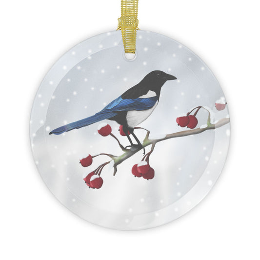 Magpie Snow Bird Christmas Glass Ornament