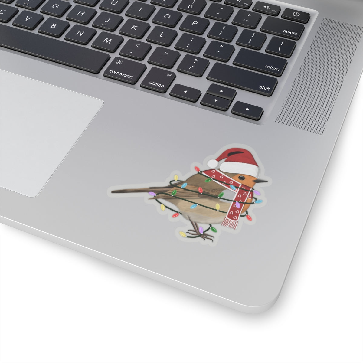 European Robin with Fairy Lights Santa Claus Hat and Scarf Christmas Bird Sticker