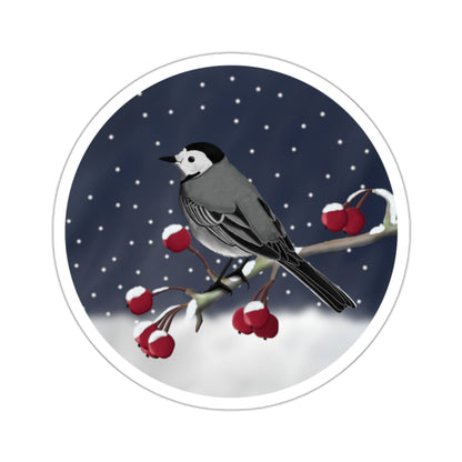 White Wagtail on a Winter Branch Christmas Bird Sticker