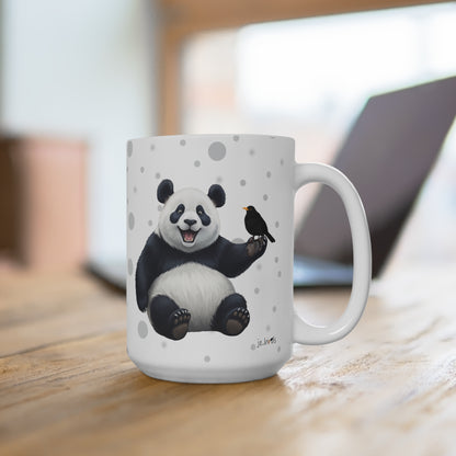 Amsel mit einem fröhlichen Panda Vogel Tiermotiv Tasse Punkte Grau