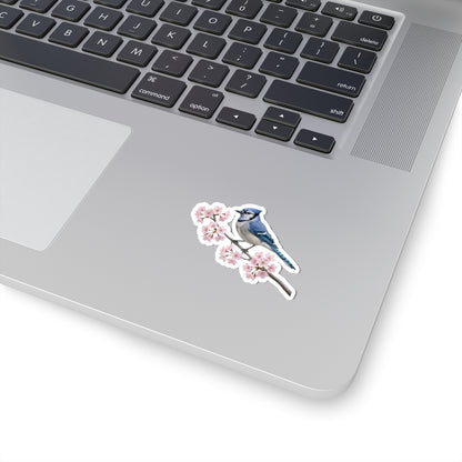 Blue Jay Cherry Blossom Sticker | Glossy Floral Bird Decal | Spring Laptop Sticker